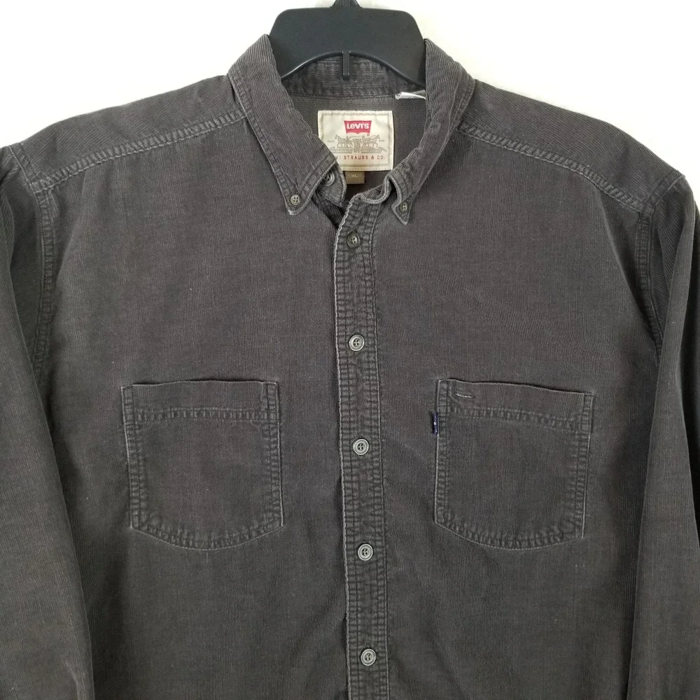 Levis Men XL Corduroy Shirt Charcoal Gray Long Sleeve Button Down WPL-423 Cotton